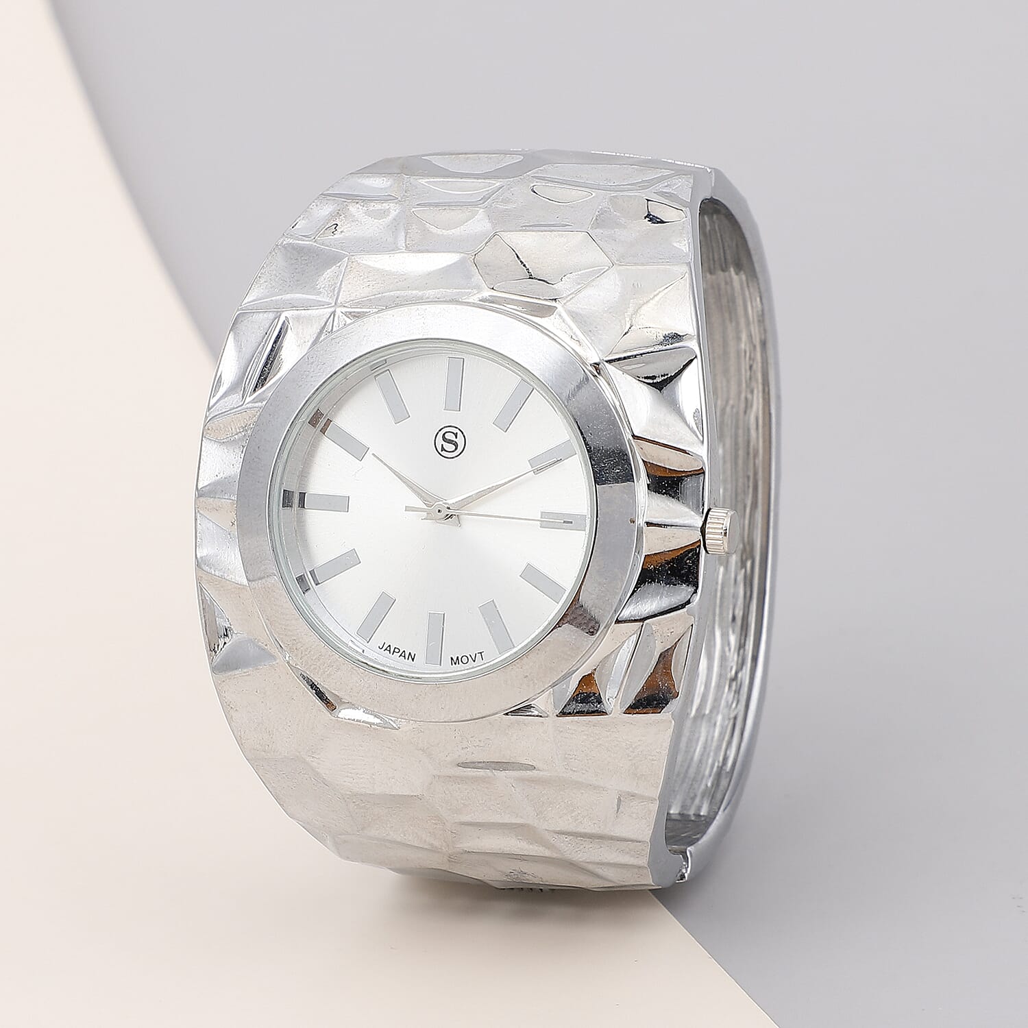 STRADA Japanese Movement Golden Dial Water Resistant Bangle Watch (Size 6.75) in Silver Tone