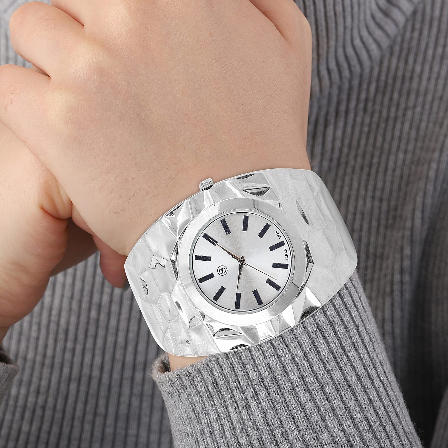 STRADA Japanese Movement Golden Dial Water Resistant Bangle Watch (Size 6.75) in Silver Tone