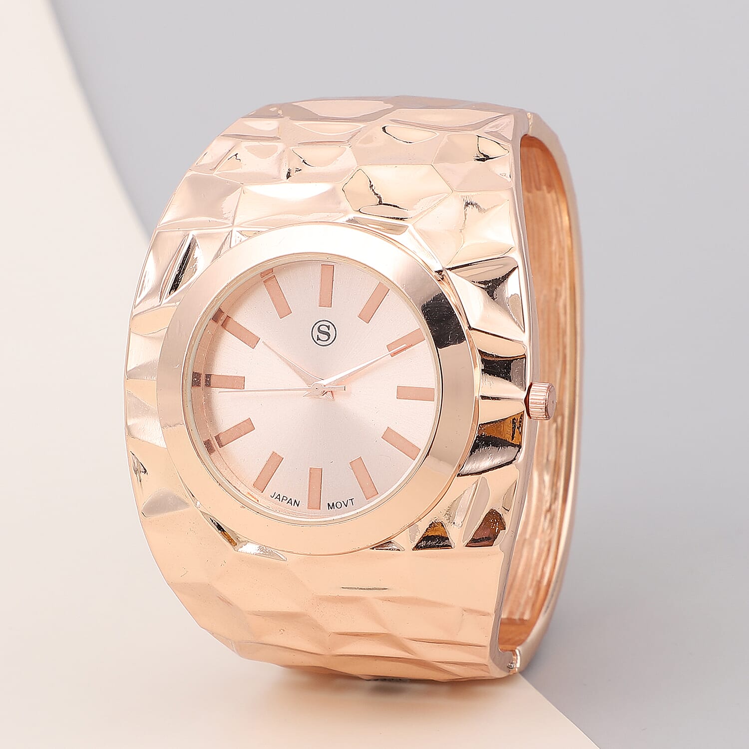 STRADA Japanese Movement Golden Dial Water Resistant Bangle Watch (Size 6.75) in Rose Gold Tone