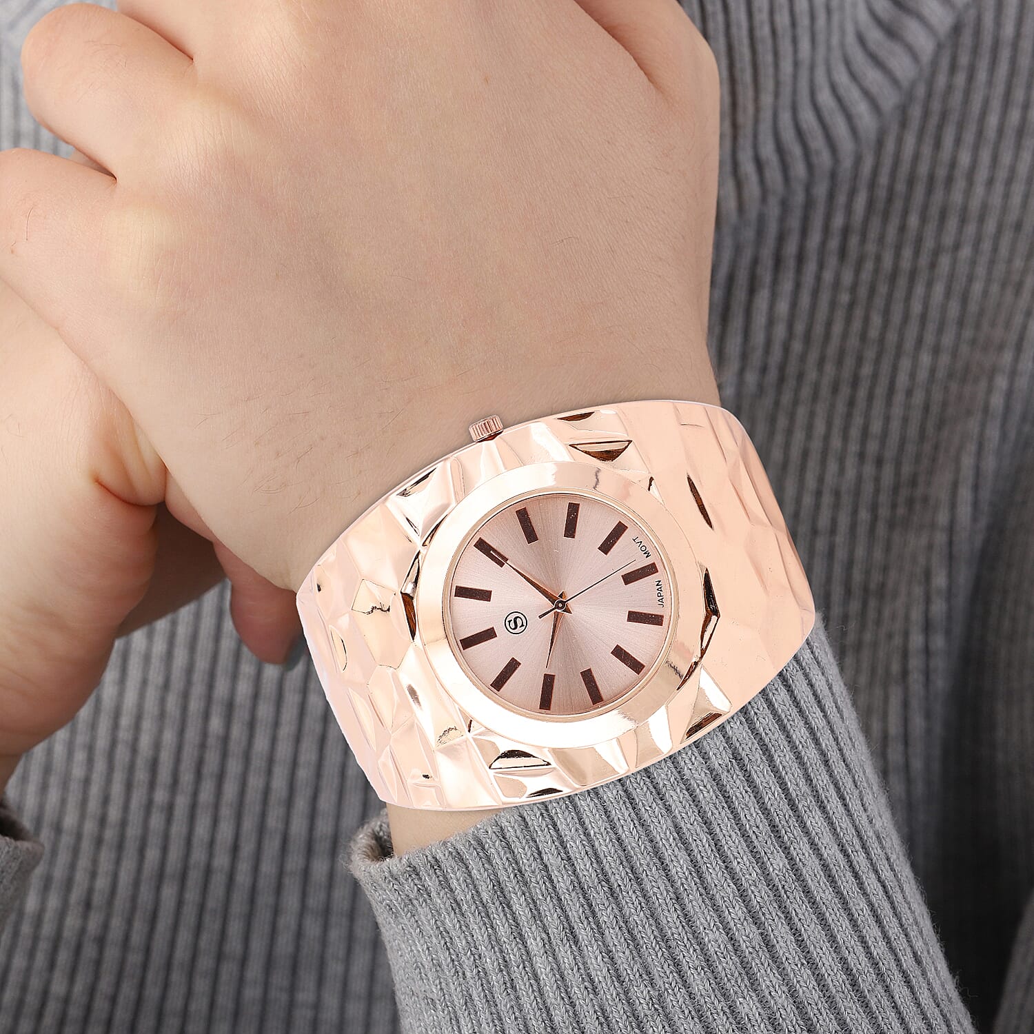 STRADA Japanese Movement Golden Dial Water Resistant Bangle Watch (Size 6.75) in Rose Gold Tone