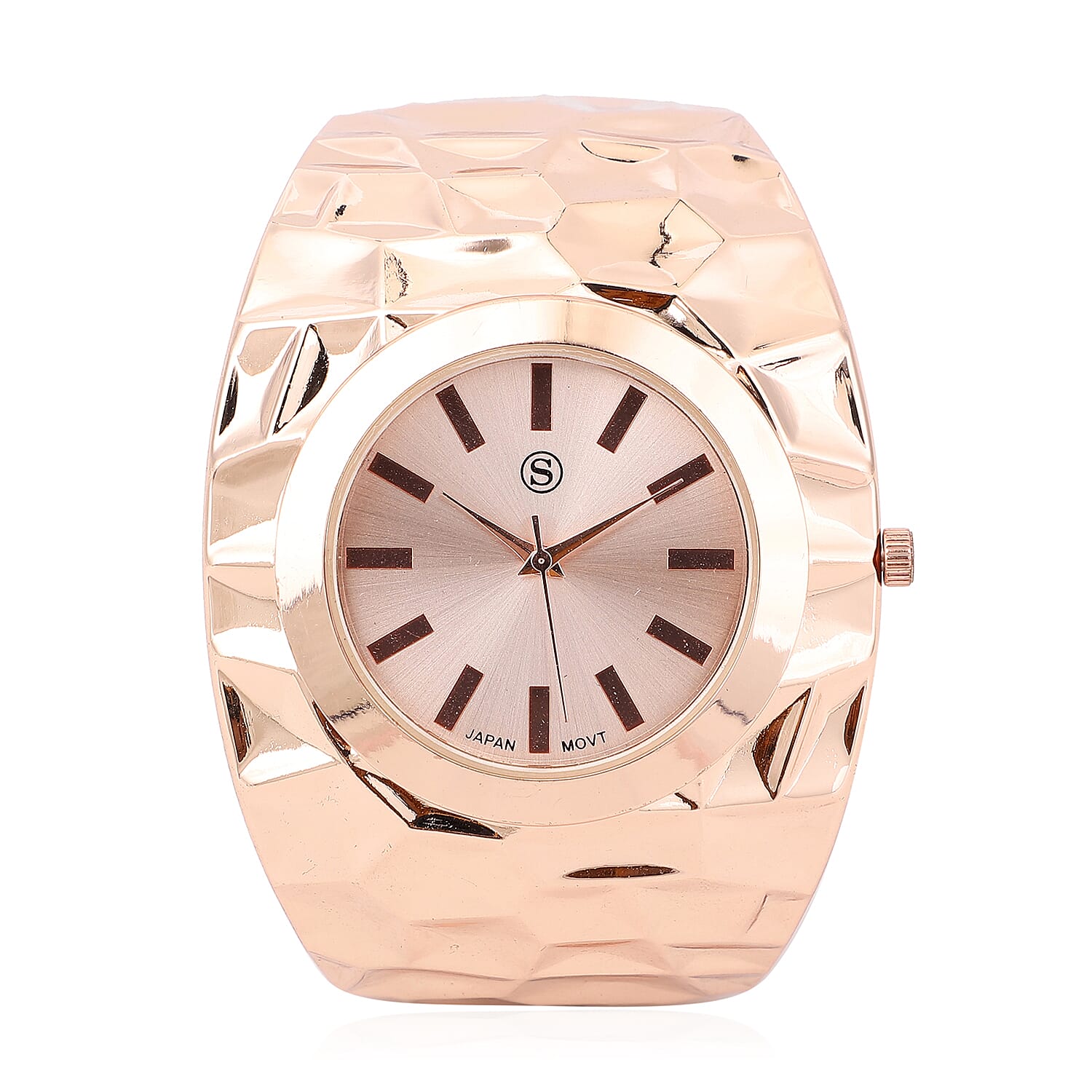 STRADA Japanese Movement Golden Dial Water Resistant Bangle Watch (Size 6.75) in Rose Gold Tone