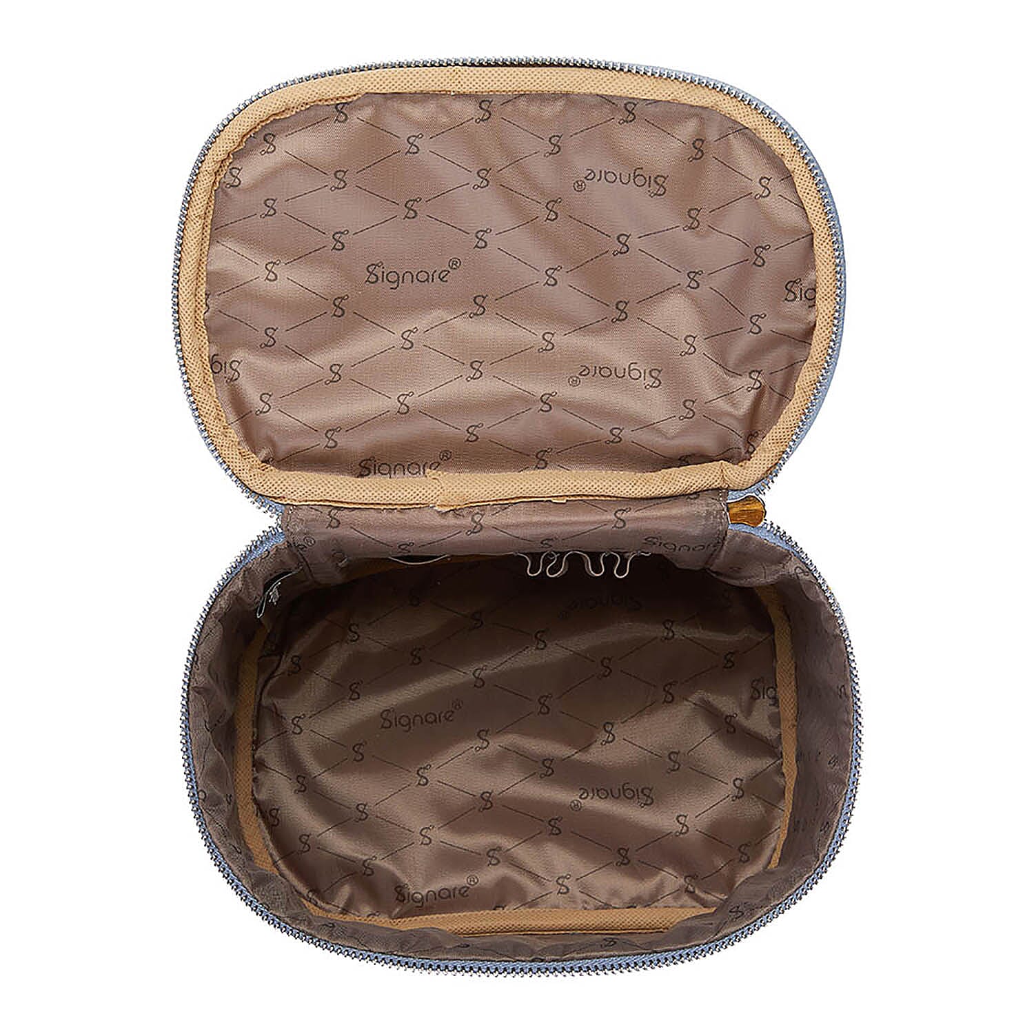 Signare Tapestry  Japanese Crane Pattern Vanity Bag (Size 14X22X15 Cm) - Light Cream