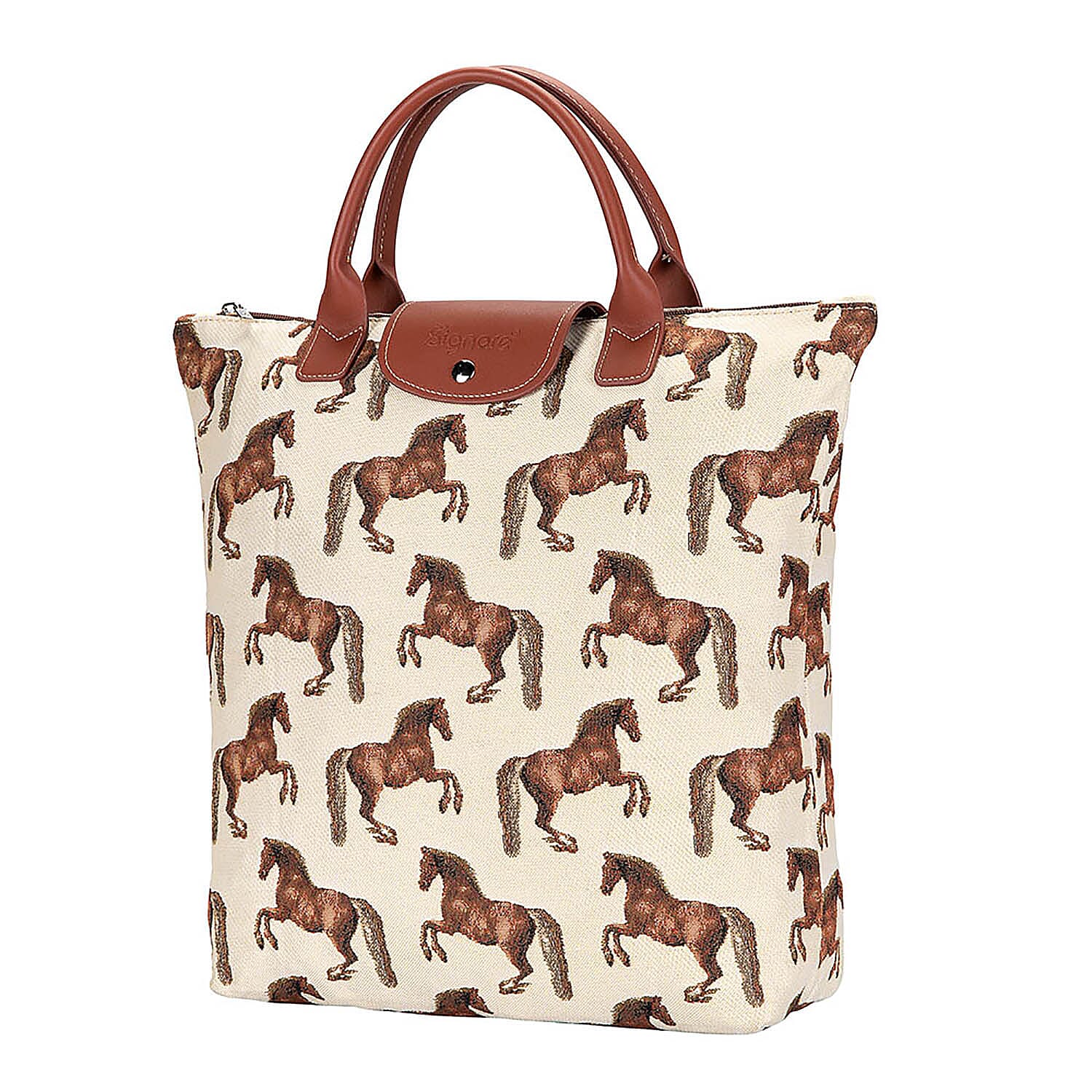 Signare Tapestry Whistle Jacket Horse Pattern Foldaway Bag (Size -28X34X13) - Cream