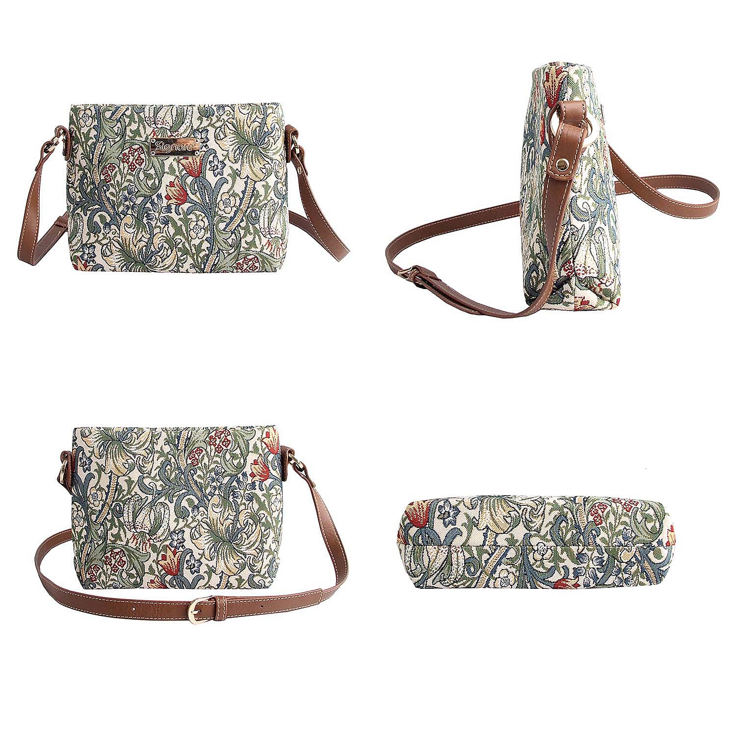 Signare Tapestry Golden Lily Pattern Cross Body Bag (Size 22X19X6 Cm) - Cream
