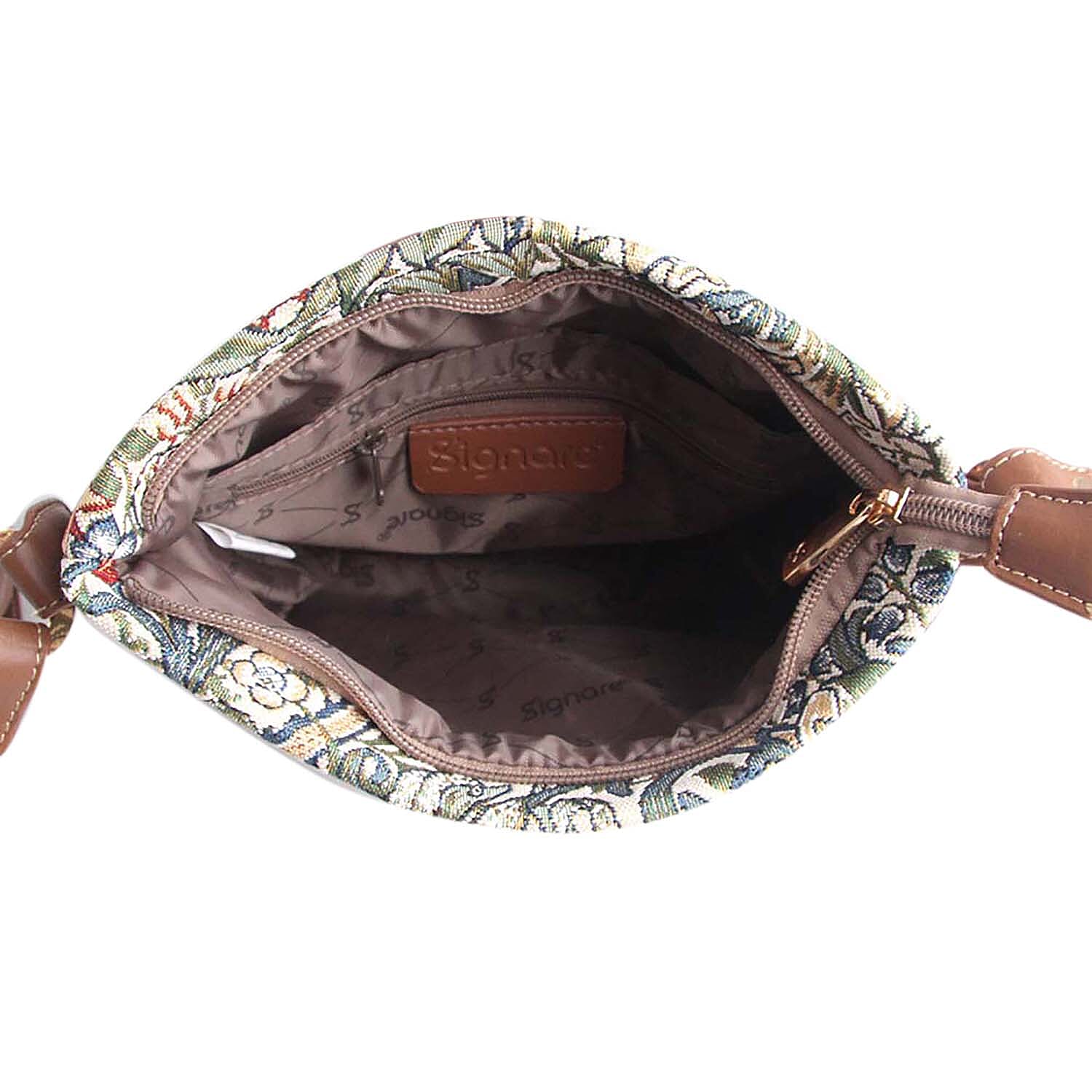 Signare Tapestry Golden Lily Pattern Cross Body Bag (Size 22X19X6 Cm) - Cream