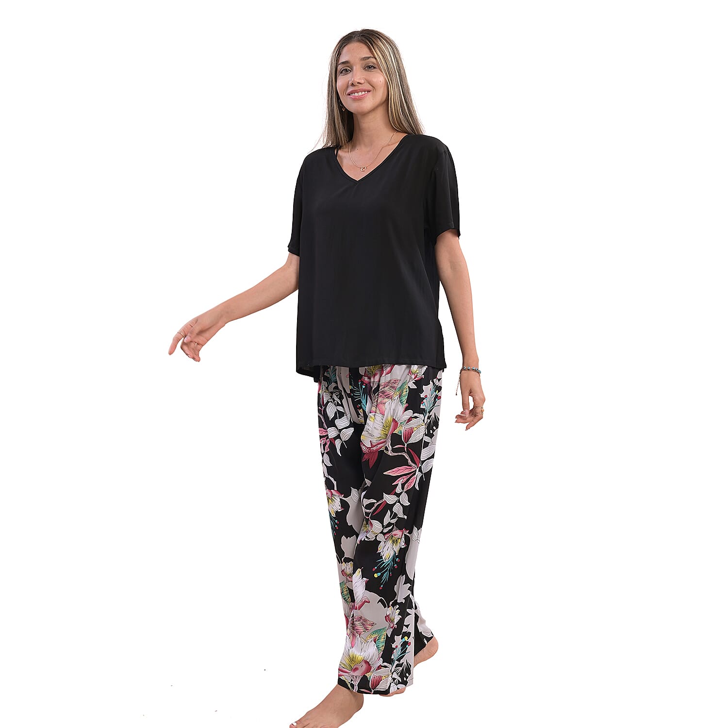 La Marey Viscose Floral Pattern Loungewear Set - Black