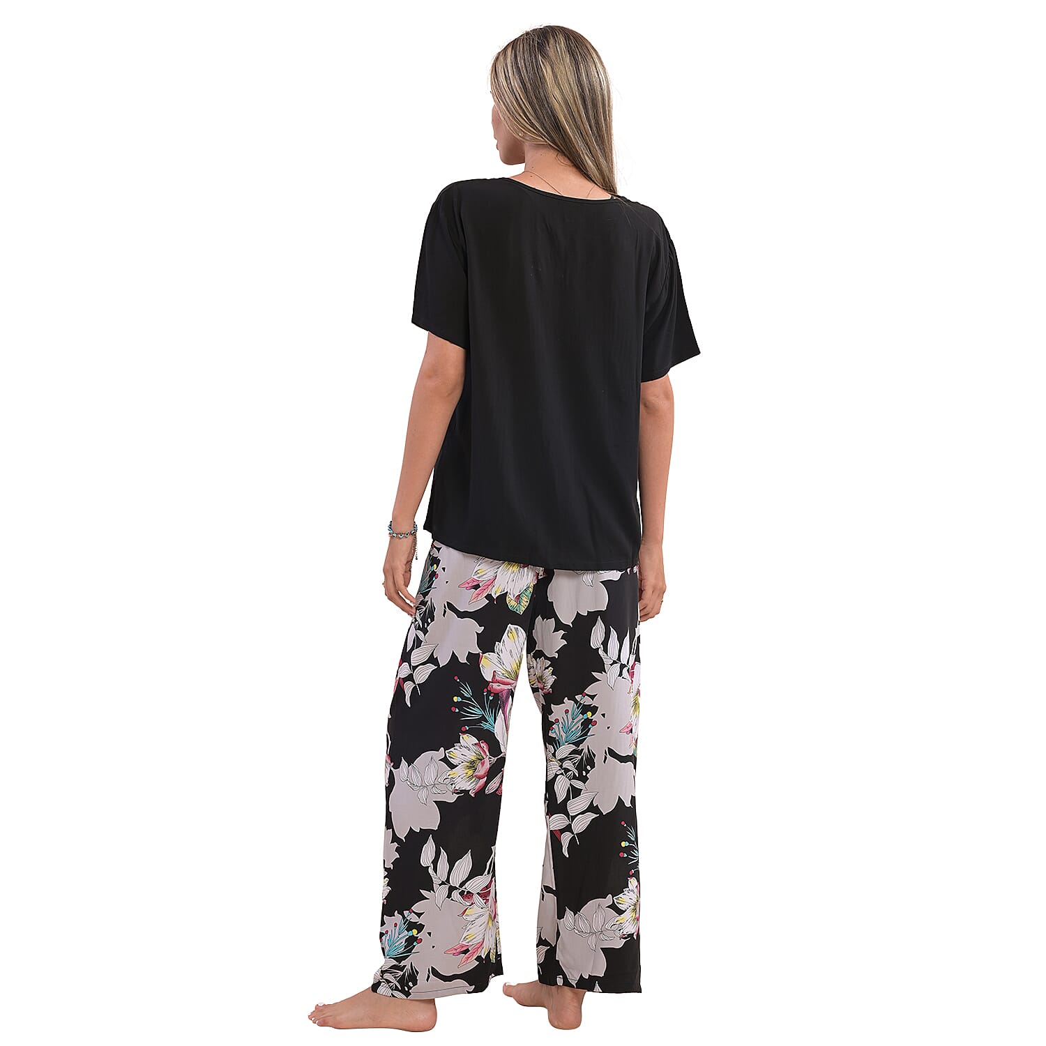 La Marey Viscose Floral Pattern Loungewear Set - Black