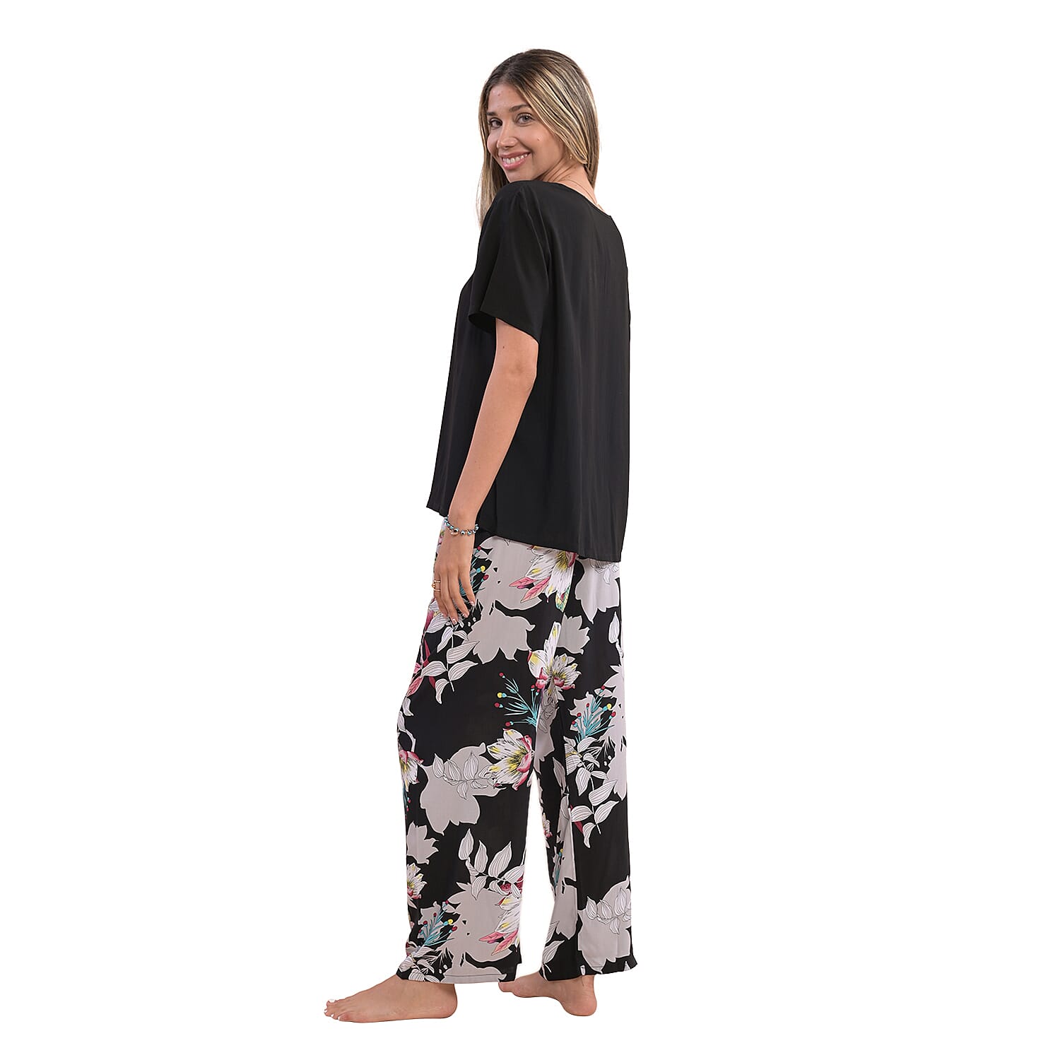 La Marey Viscose Floral Pattern Loungewear Set - Black