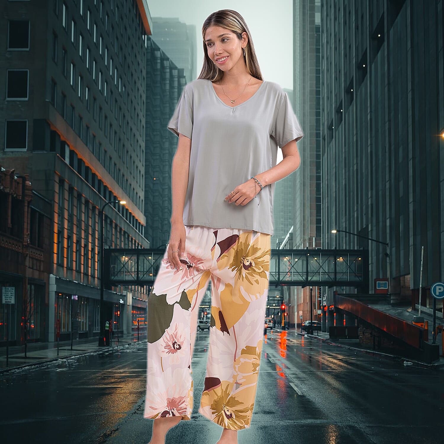 La Marey Viscose Floral Pattern Loungewear Set - Black