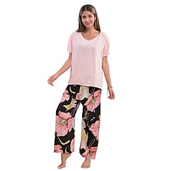 La Marey Viscose Floral Pattern Loungewear Set - Black