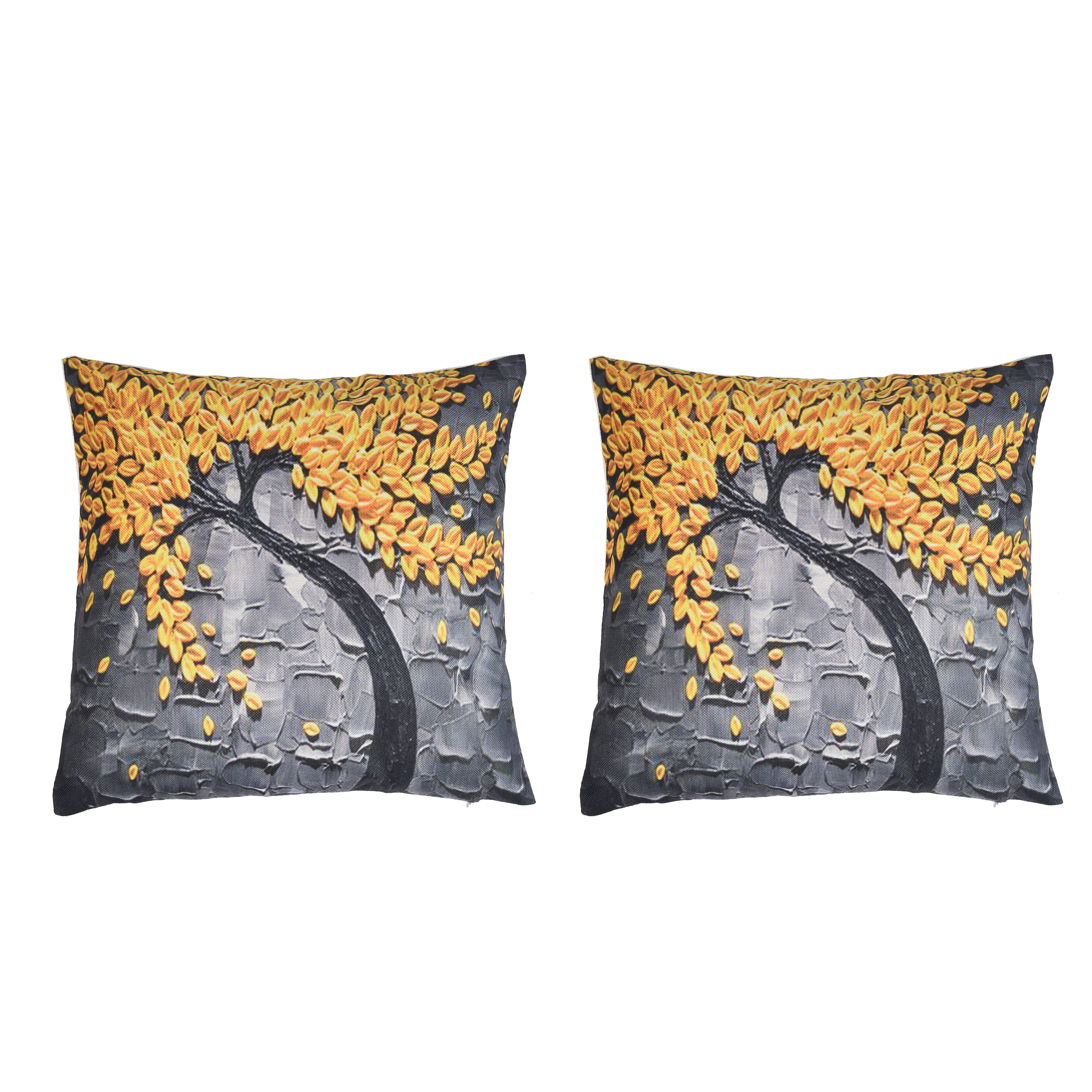 Set of 2 - Floral Tree Pattern Cushion Covers (Size 45 Cm) - Yellow & Grey