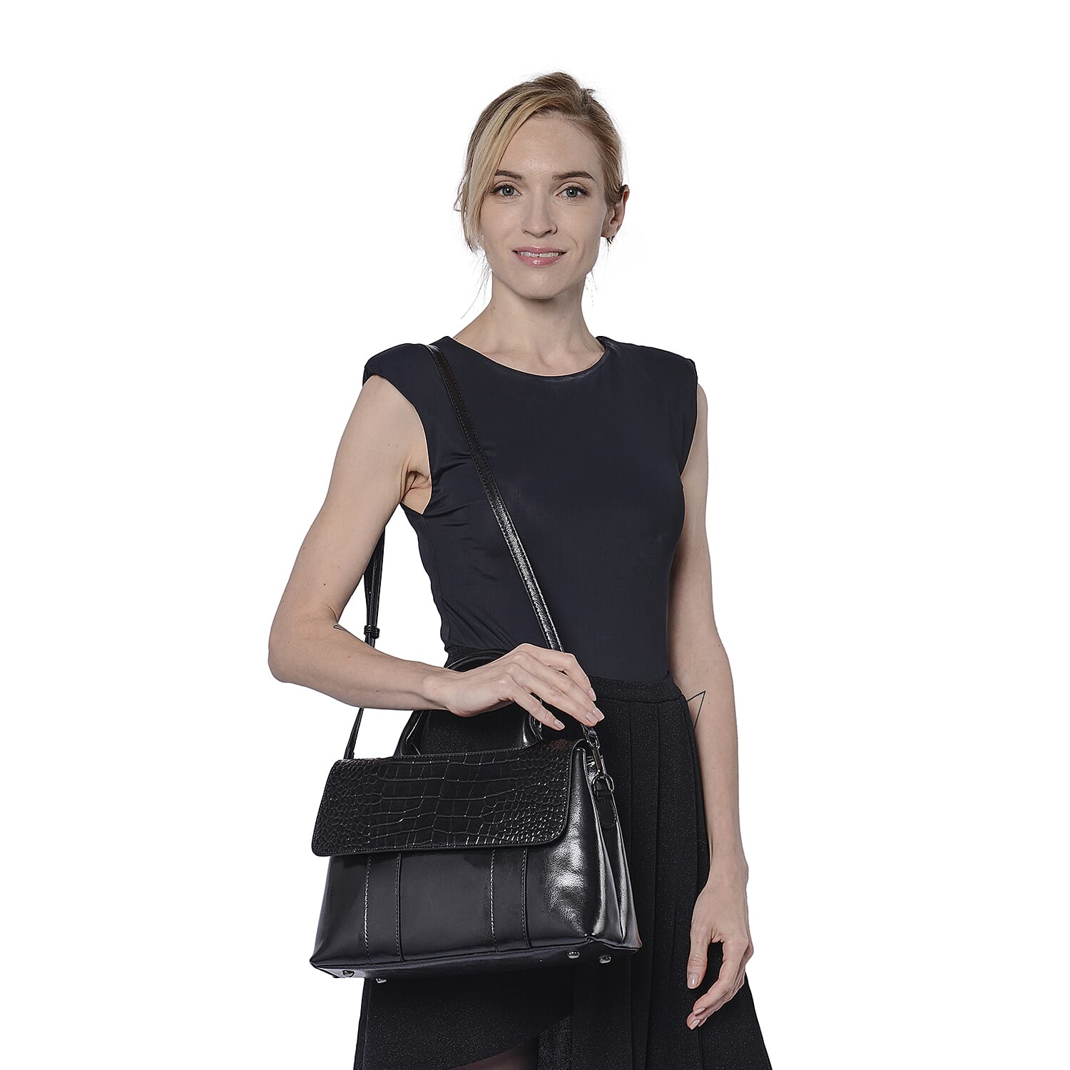 Hong Kong Closeout Collection Genuine Leather Womens Convertible Bag with Two long Strap - Black