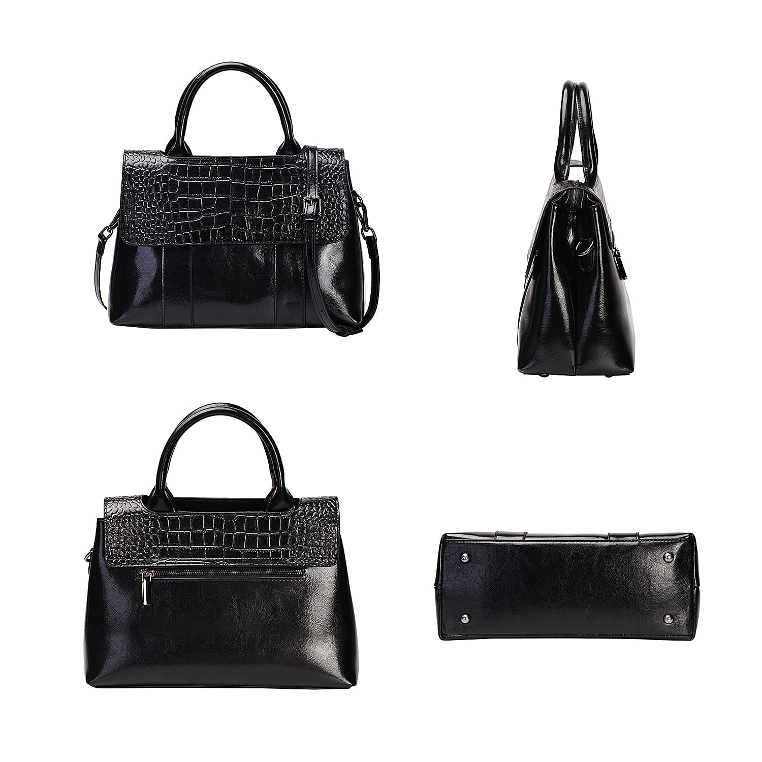 Hong Kong Closeout Collection Genuine Leather Womens Convertible Bag with Two long Strap - Black