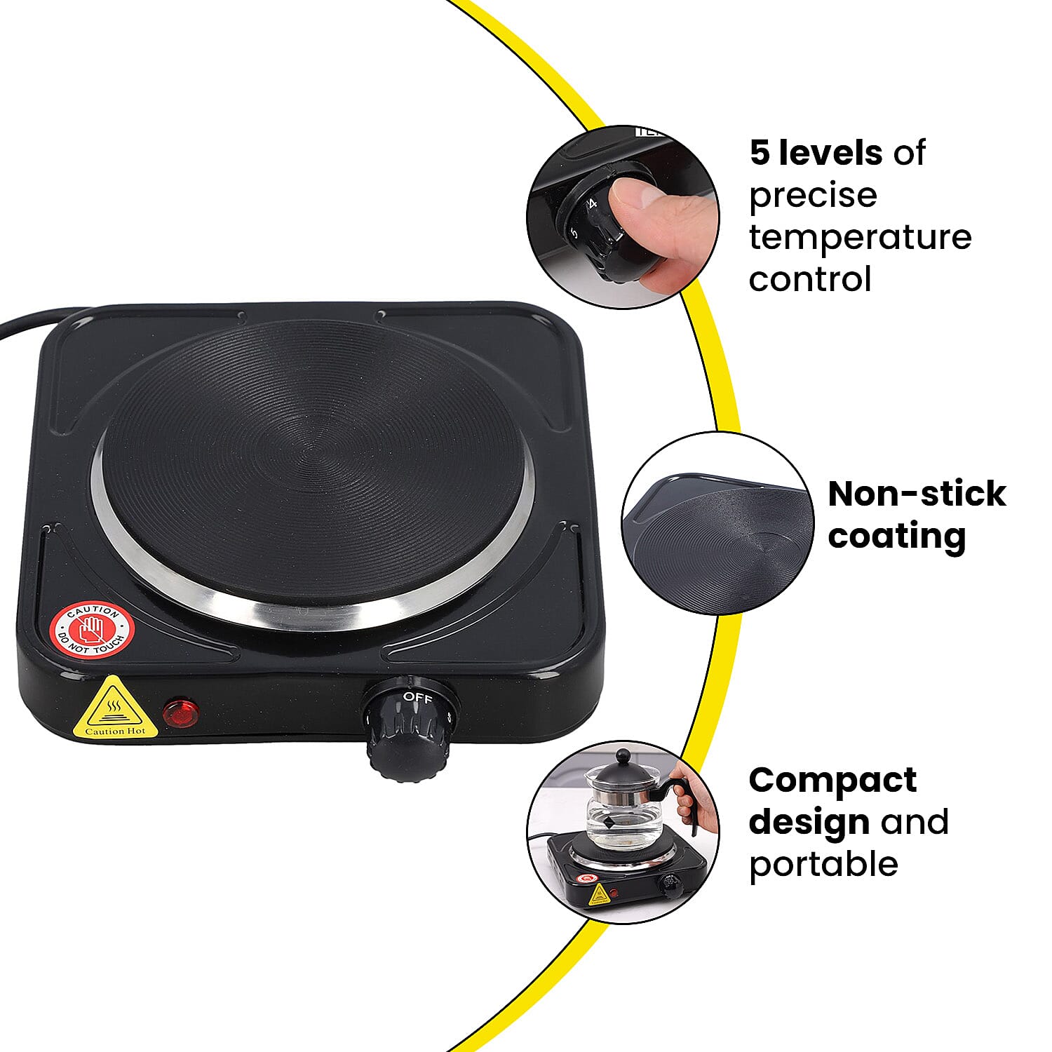 Homesmart 1000W Single Hot Plate for Cooking (Includes 5 Level of Pressure Temperature Control) - Black