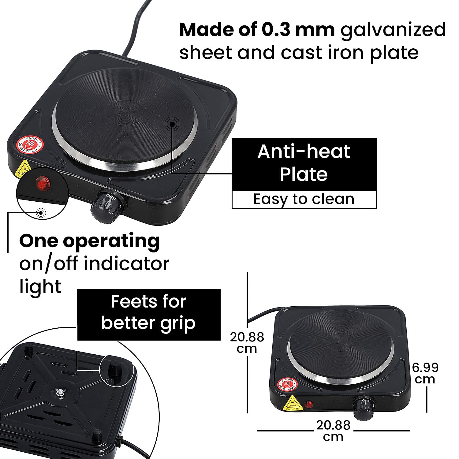 Homesmart 1000W Single Hot Plate for Cooking (Includes 5 Level of Pressure Temperature Control) - Black