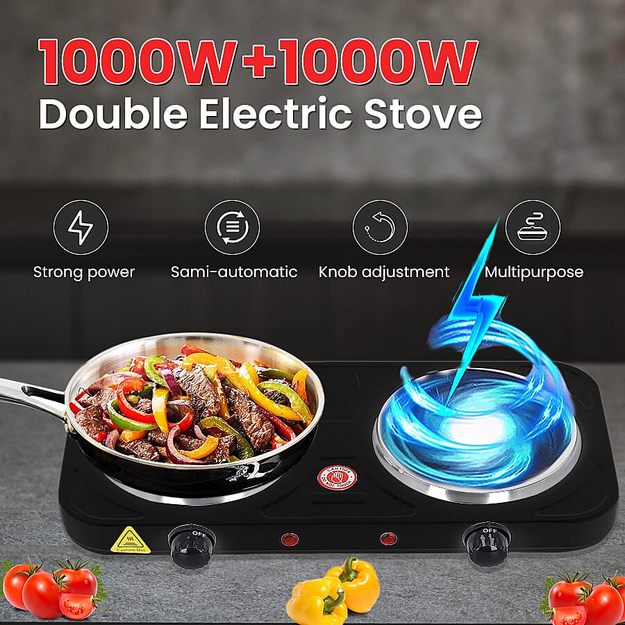 1000W Double Hot Plate for Cooking Includes 5 Level of Pressure and Powered by UK standard size plug Temperature Control - Black