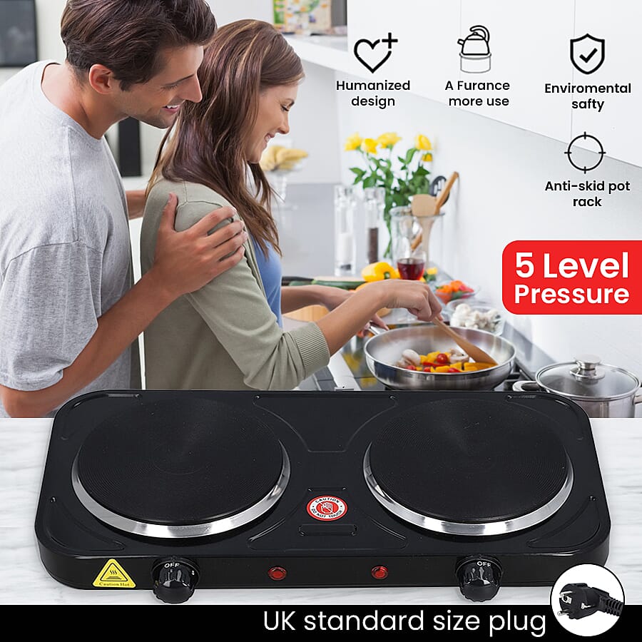 1000W Double Hot Plate for Cooking Includes 5 Level of Pressure and Powered by UK standard size plug Temperature Control - Black