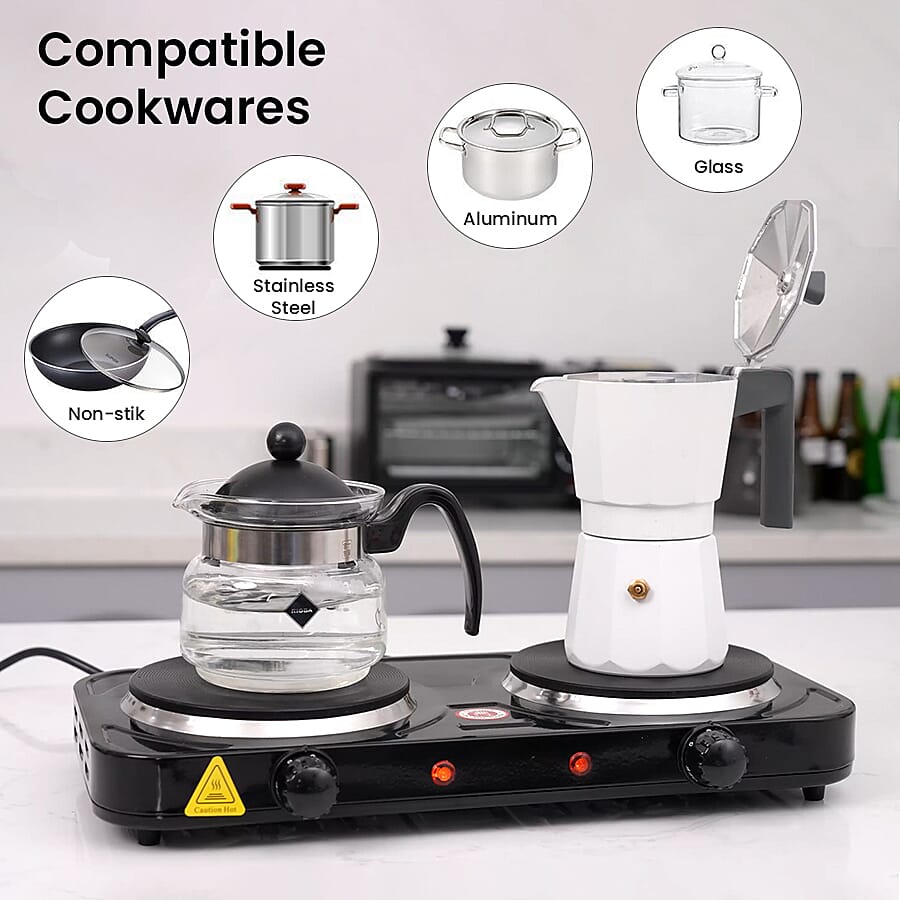 1000W Double Hot Plate for Cooking Includes 5 Level of Pressure and Powered by UK standard size plug Temperature Control - Black