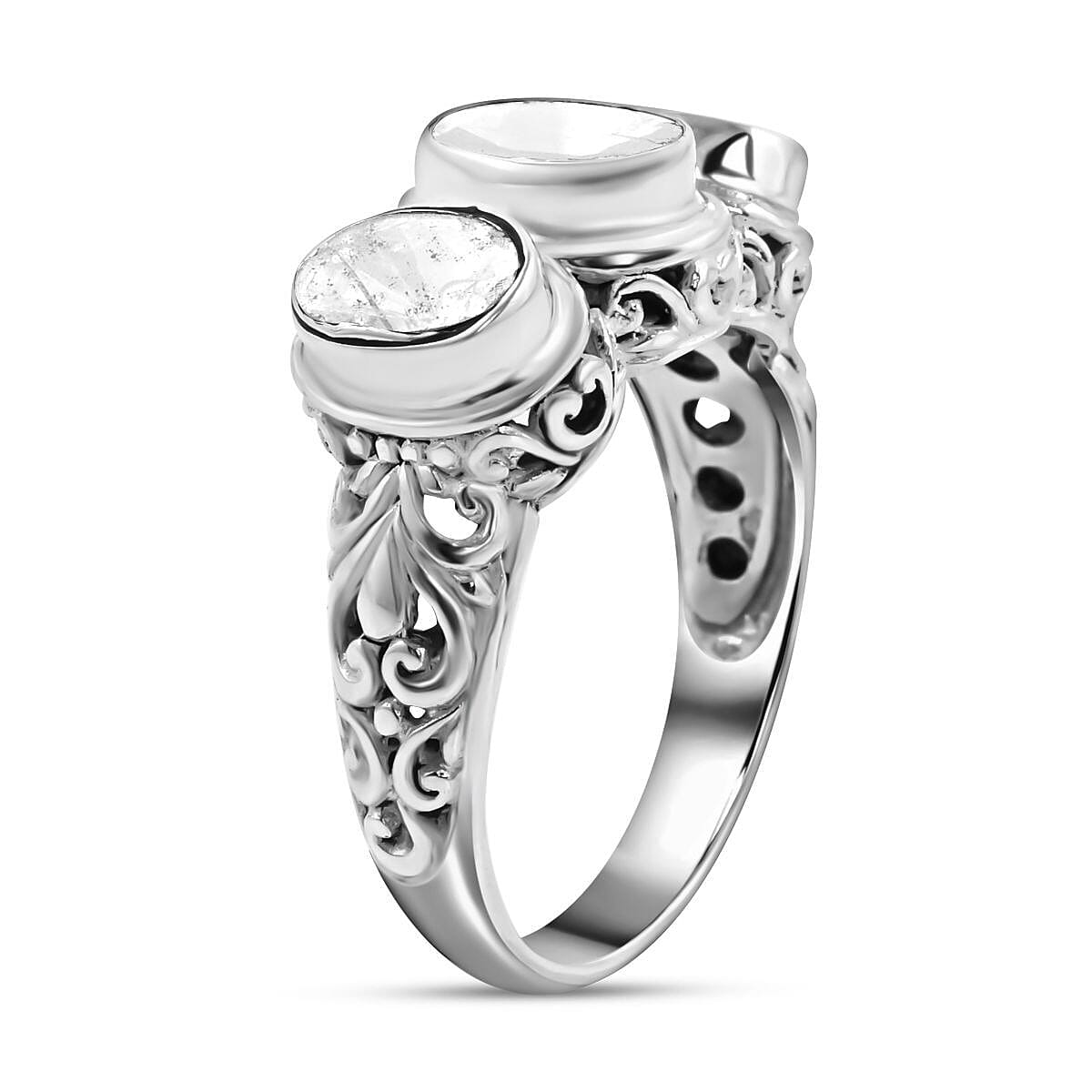 Royal Bali Collection- POLKI Diamond Ring in Sterling Silver 1.65 Ct, Silver Wt. 5.50 Gms