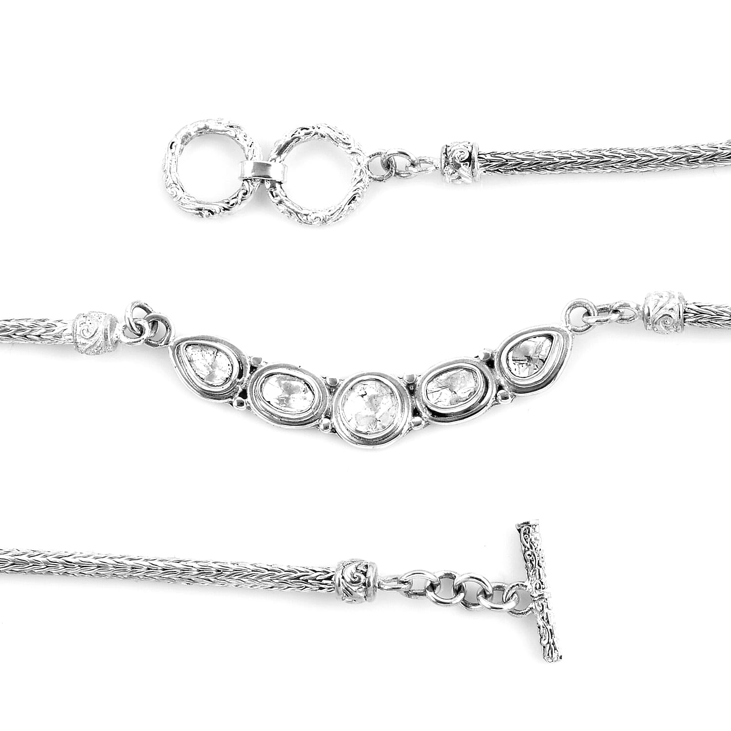 Royal Bali Collection - Polki Diamond Necklace (Size 18 with Extender) in Sterling Silver 2.50 Ct, Silver Wt 24.00 Gms