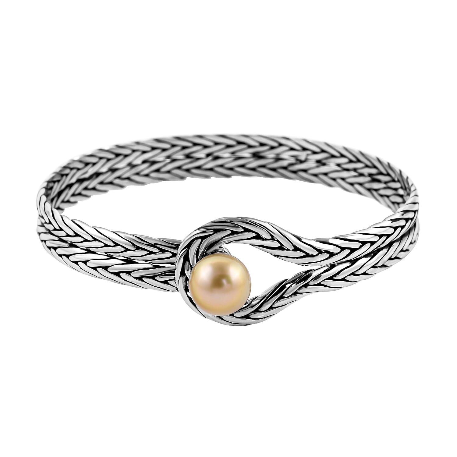 Bali Legacy Collection - Golden South Sea Pearl Bangle in Sterling Silver, Silver Wt. 22.50 Gms