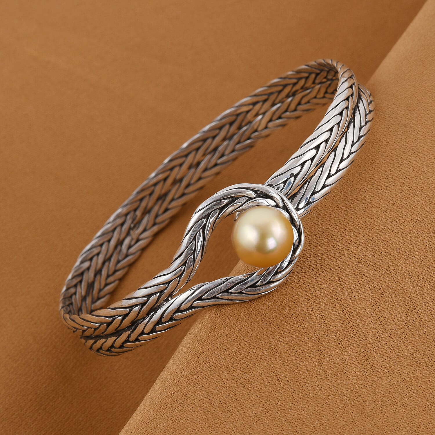 Bali Legacy Collection - Golden South Sea Pearl Bangle in Sterling Silver, Silver Wt. 22.50 Gms