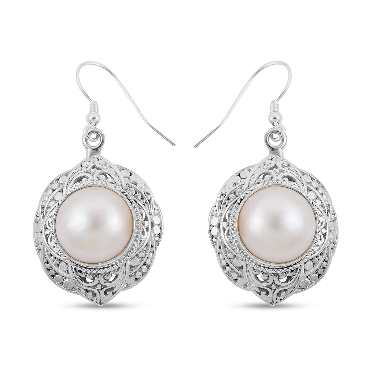 Royal Bali Collection- White Mabe Pearl Stud Hook Earrings Sterling Silver, Silver Wt 10.72 Gms