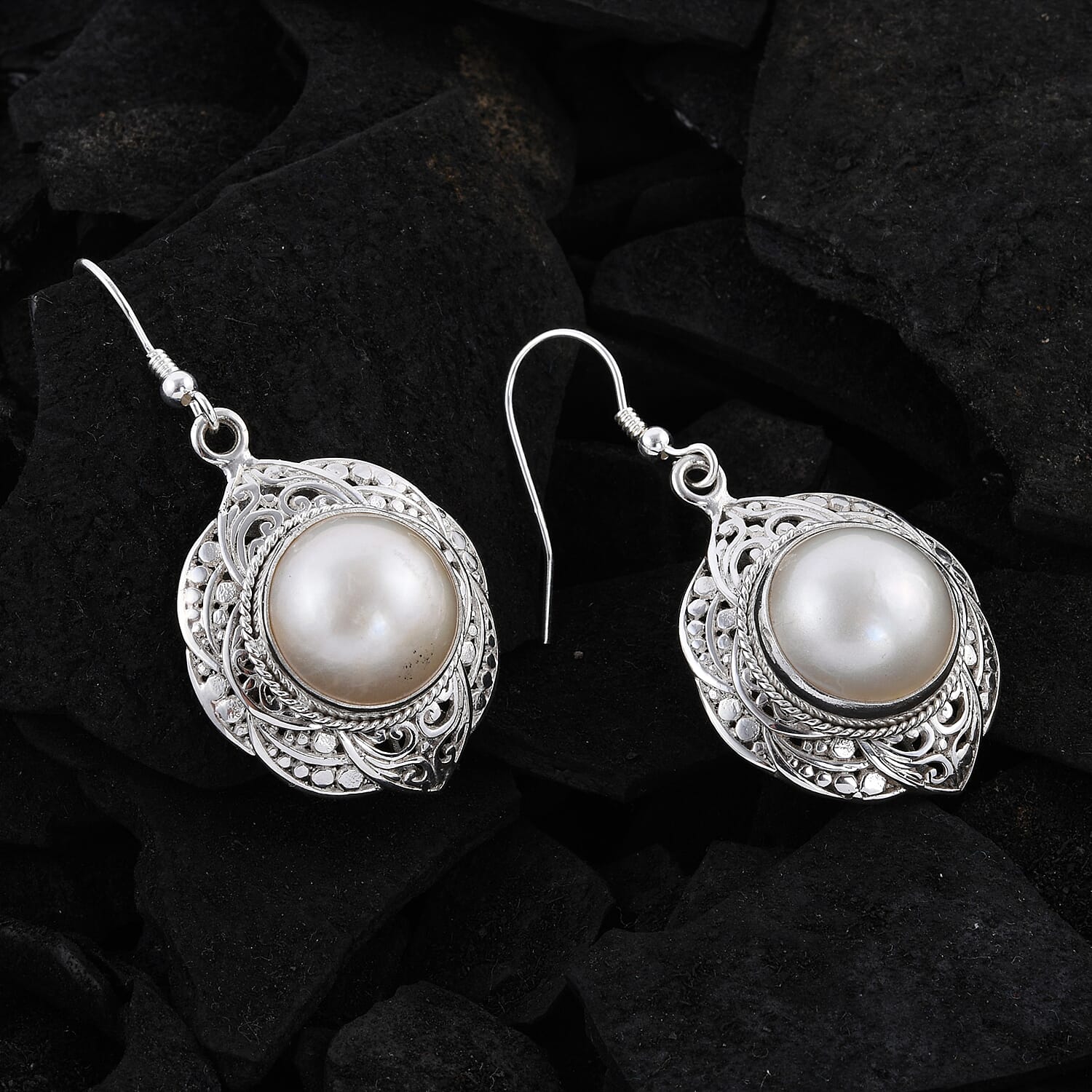 Royal Bali Collection- White Mabe Pearl Stud Hook Earrings Sterling Silver, Silver Wt 10.72 Gms