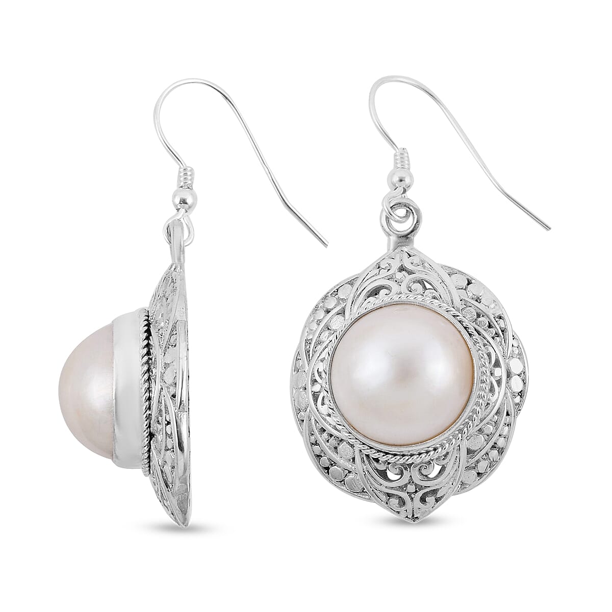 Royal Bali Collection- White Mabe Pearl Stud Hook Earrings Sterling Silver, Silver Wt 10.72 Gms