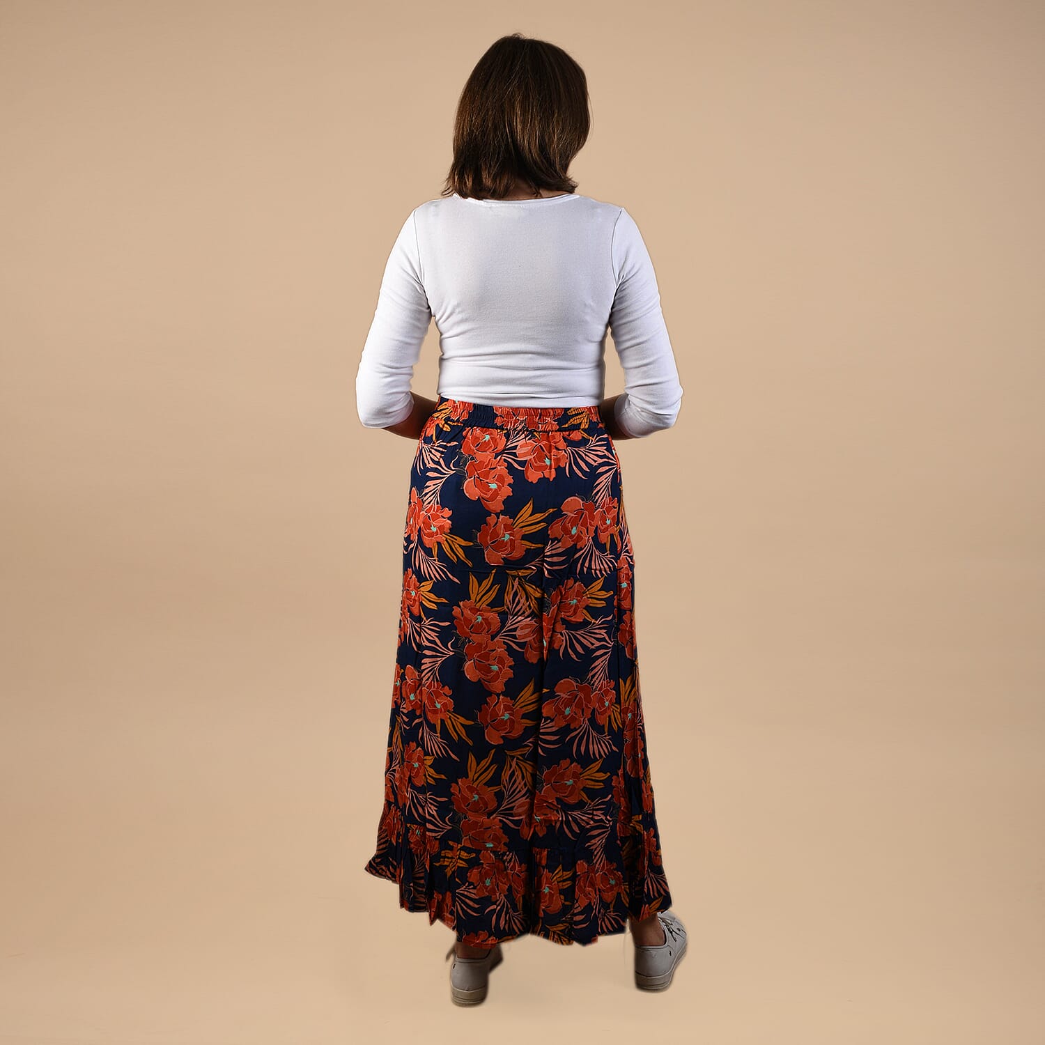 TAMSY 100% Viscose Floral Pattern Skirt (Size 10) - Navy Blue & Orange