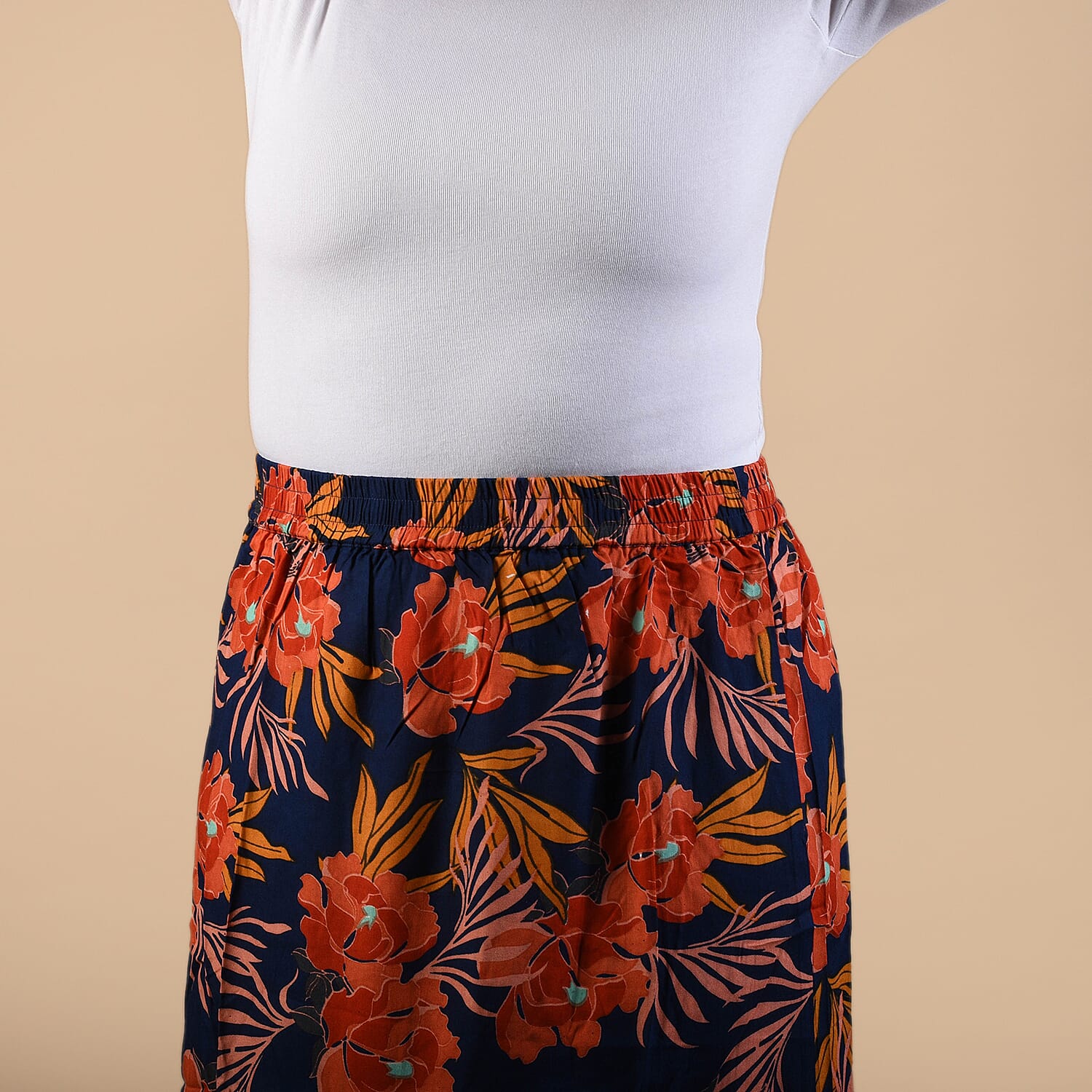 TAMSY 100% Viscose Floral Pattern Skirt (Size 10) - Navy Blue & Orange