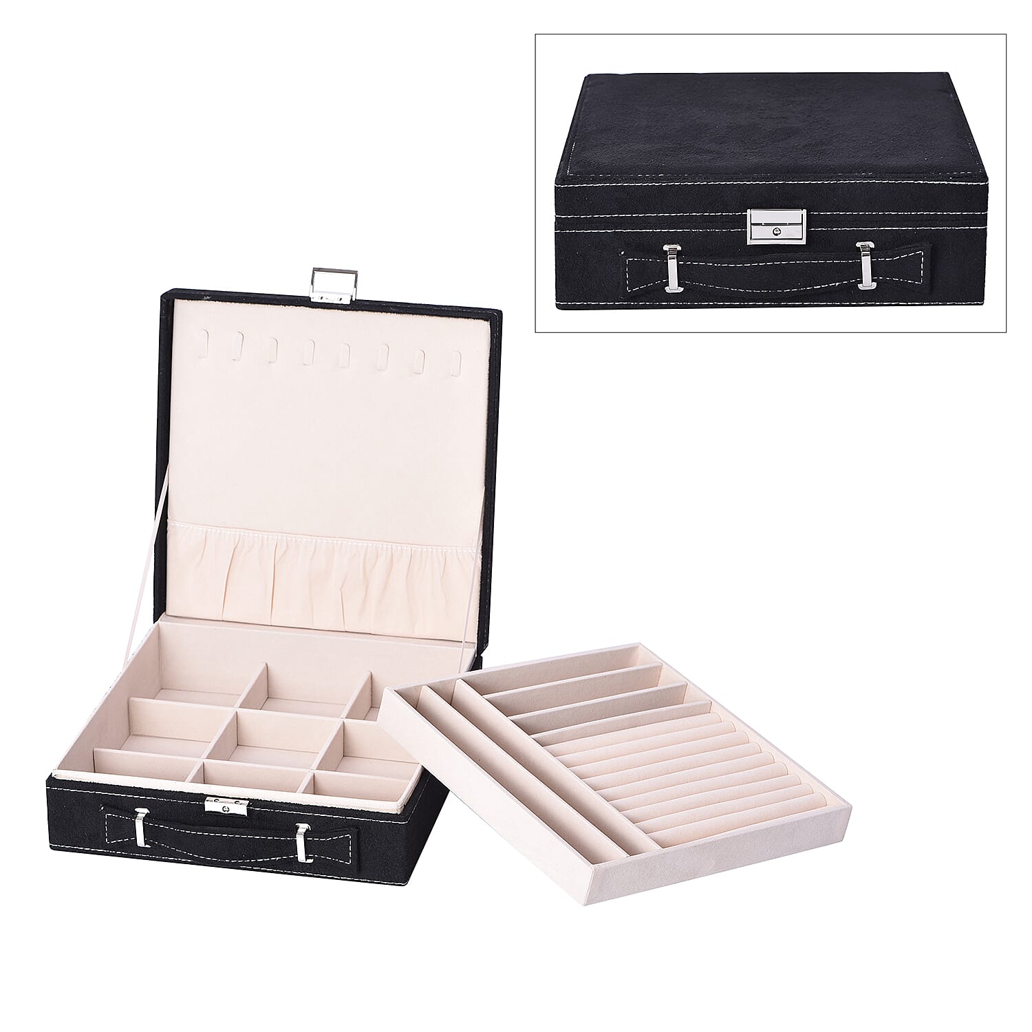 Two Tier Jewellery Box with Handle and Lock (Size 26x26x9Cm) - Black