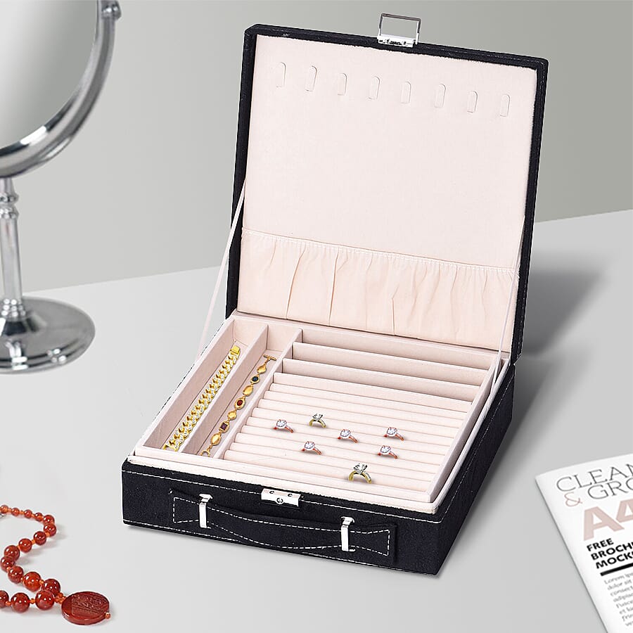 Two Tier Jewellery Box with Handle and Lock (Size 26x26x9Cm) - Black