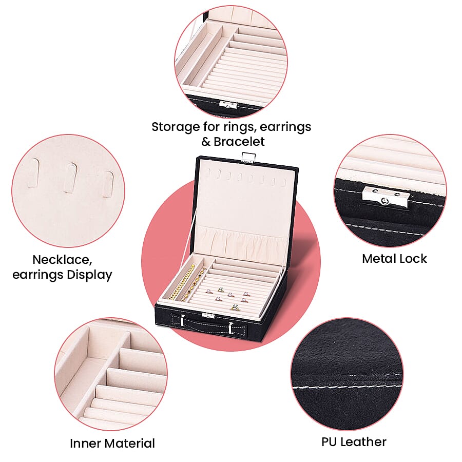 Two Tier Jewellery Box with Handle and Lock (Size 26x26x9Cm) - Black