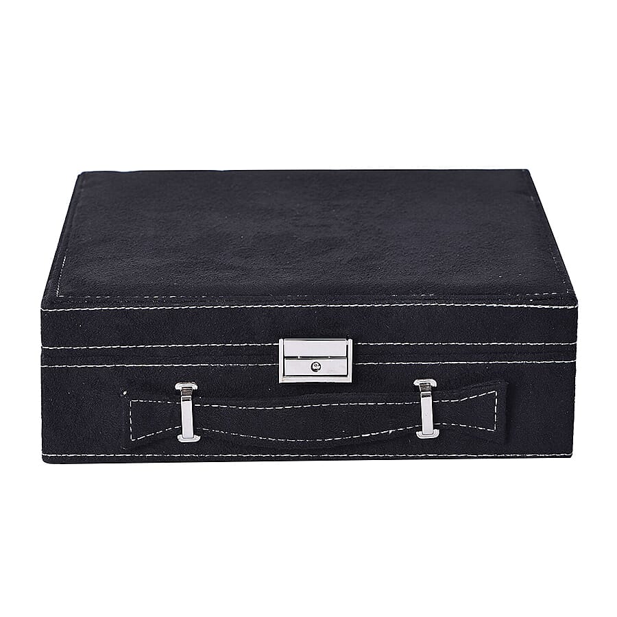 Two Tier Jewellery Box with Handle and Lock (Size 26x26x9Cm) - Black