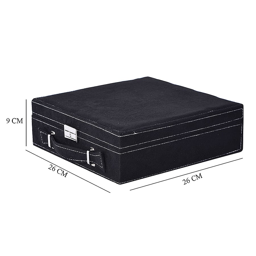 Two Tier Jewellery Box with Handle and Lock (Size 26x26x9Cm) - Black