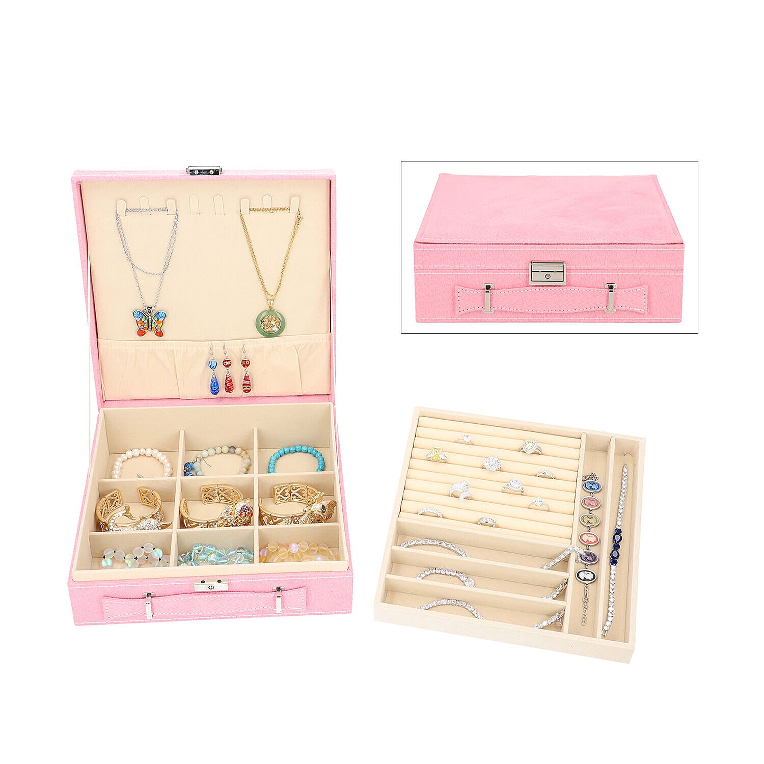 Two Tier Jewellery Box with Handle and Lock (Size 26x26x9Cm) - Pink