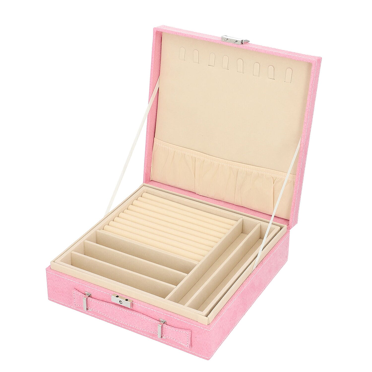 Two Tier Jewellery Box with Handle and Lock (Size 26x26x9Cm) - Pink