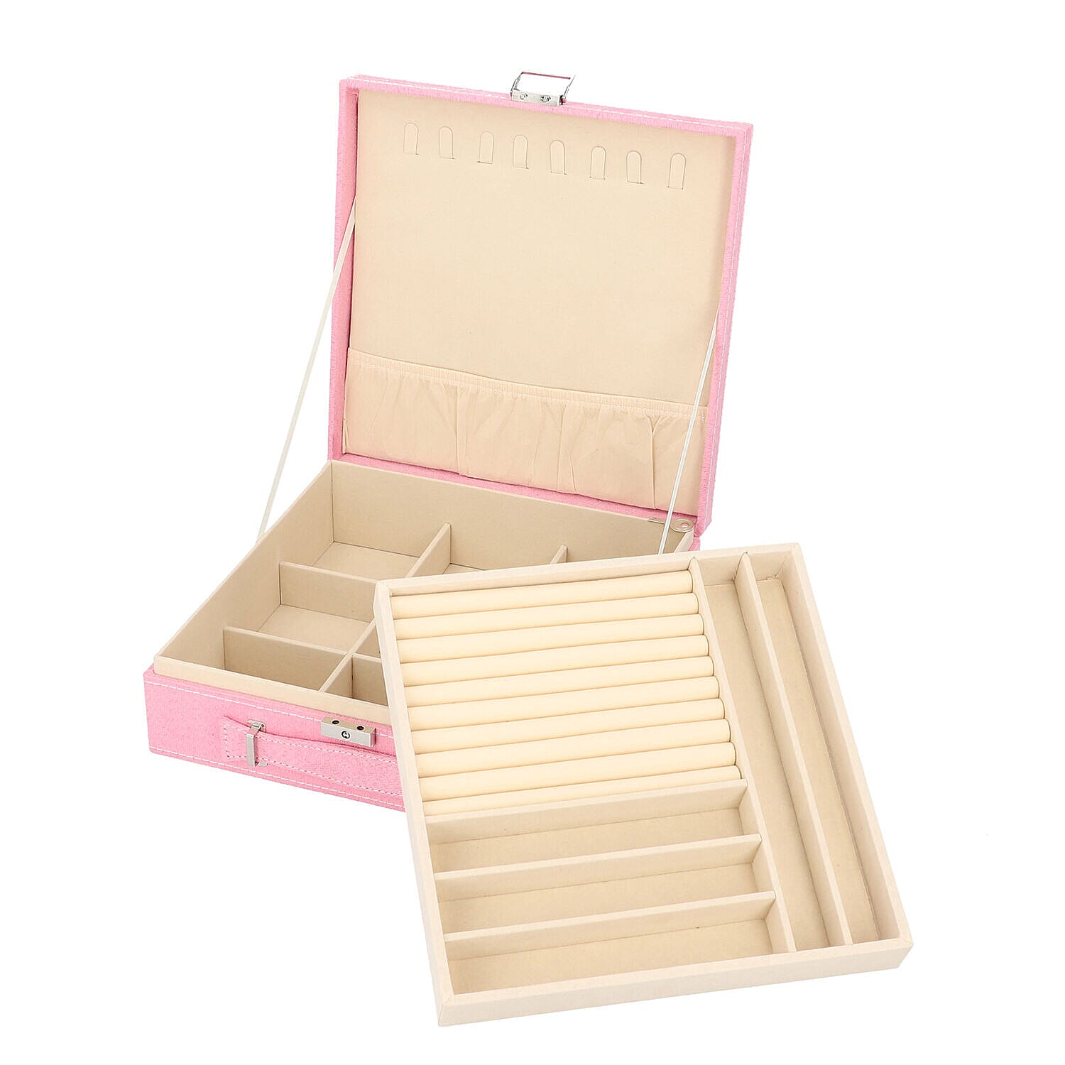 Two Tier Jewellery Box with Handle and Lock (Size 26x26x9Cm) - Pink