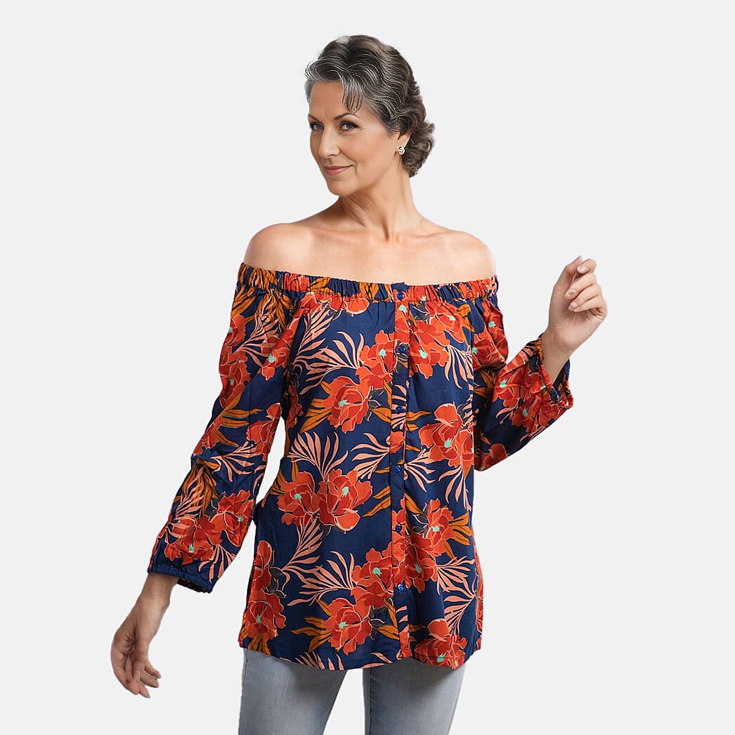 Viscose Printed Off Shoulder Top - Black