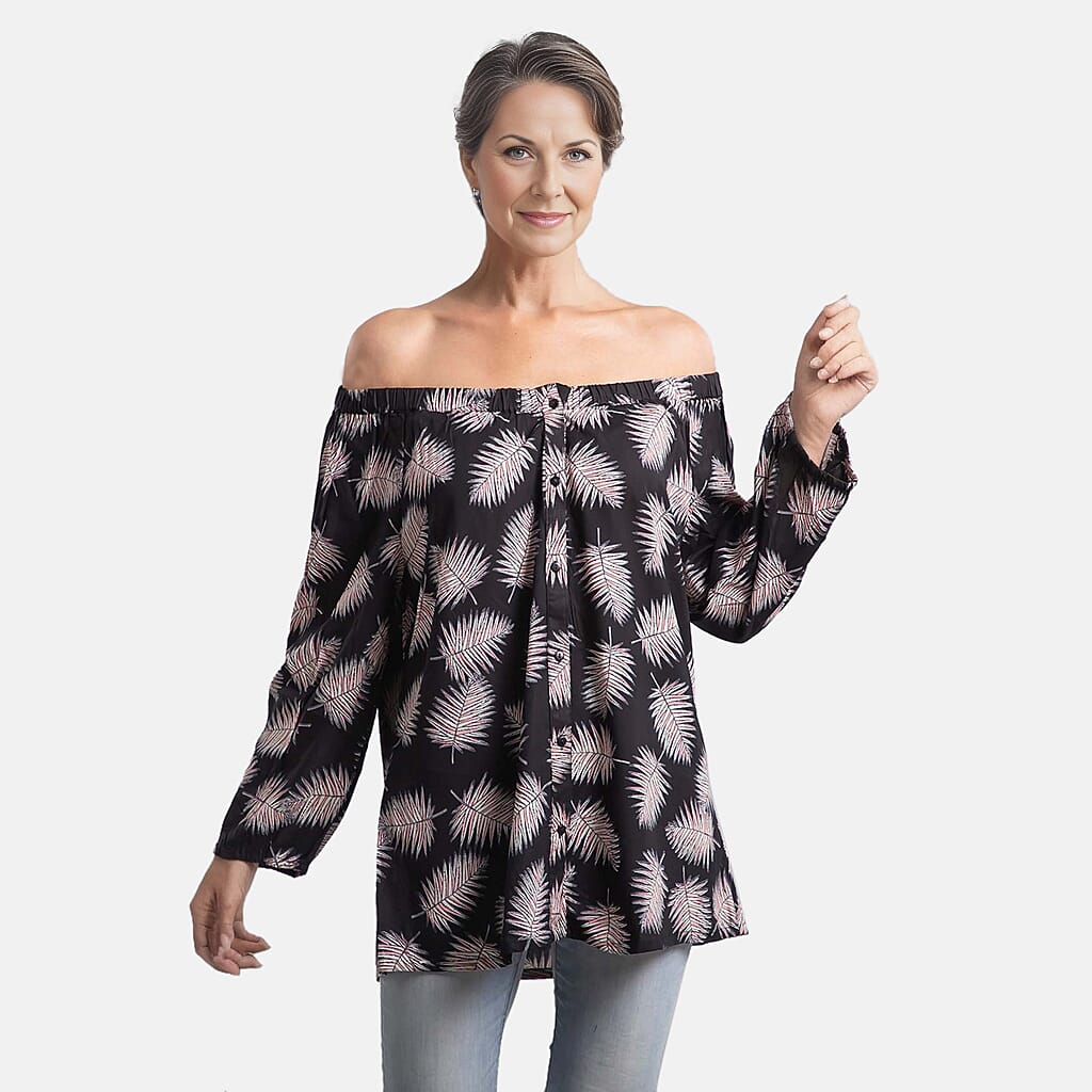 100% Viscose Leaf Pattern Off Shoulder Top (Size-14) - Black