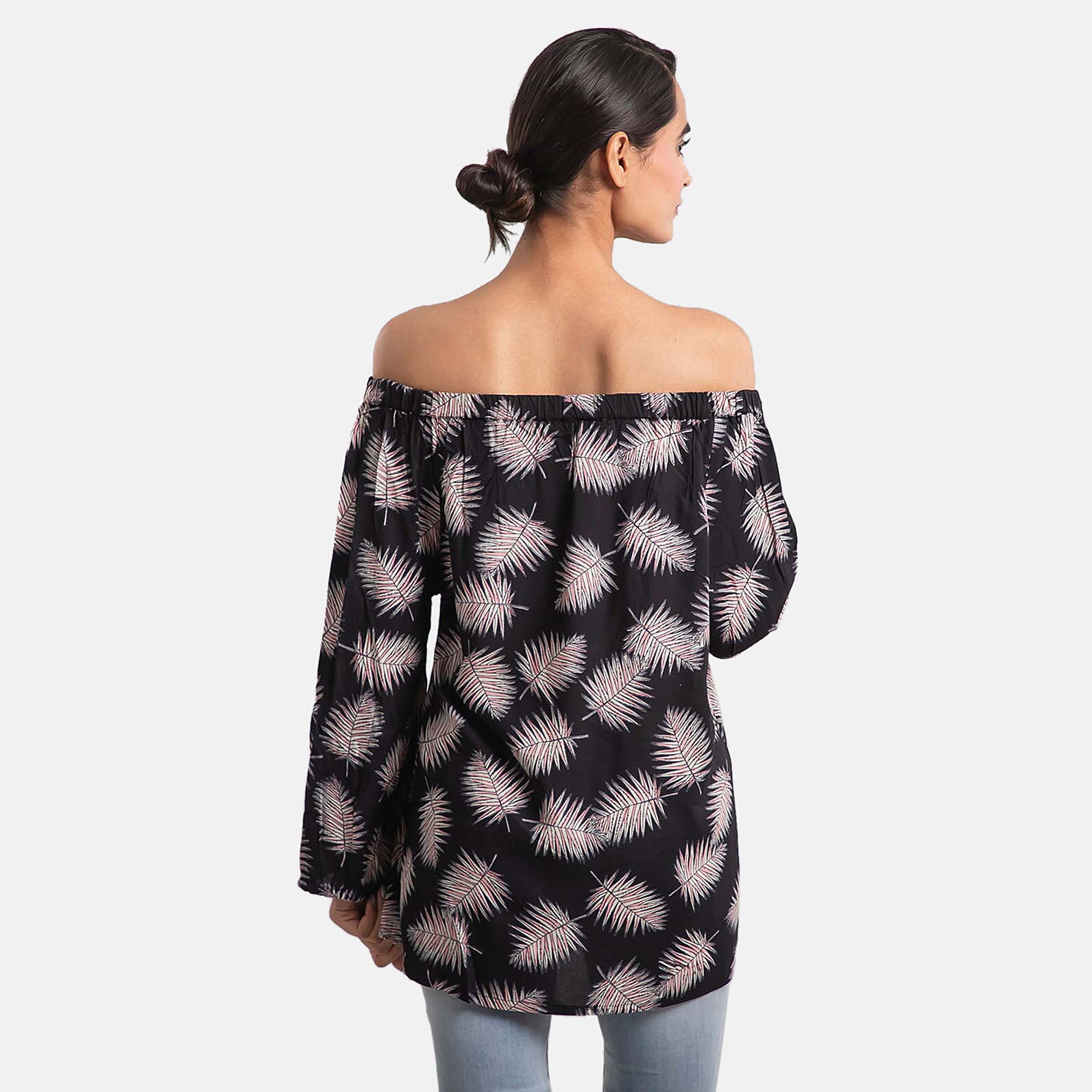 100% Viscose Leaf Pattern Off Shoulder Top (Size-14) - Black