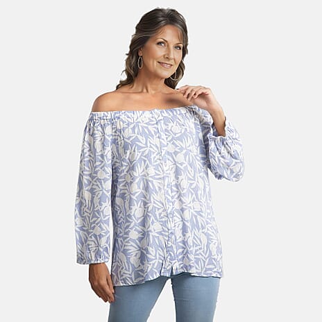 100% Viscose Leaf Pattern Off Shoulder Top (Size-14) - Light Blue