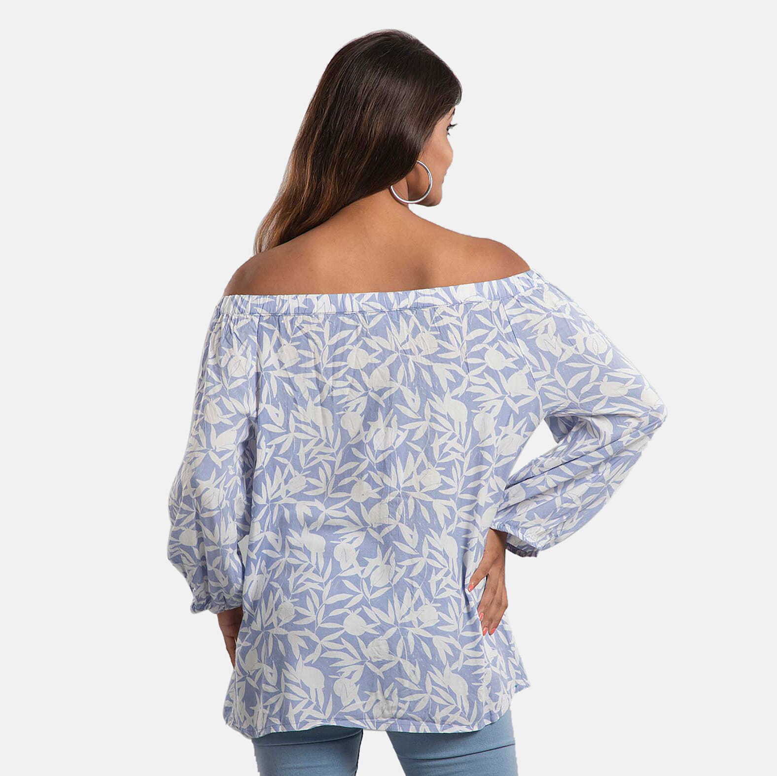 100% Viscose Leaf Pattern Off Shoulder Top (Size-14) - Light Blue