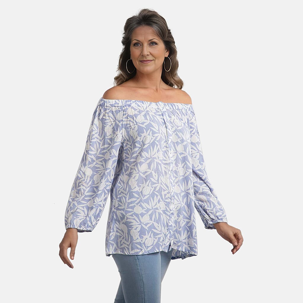 100% Viscose Leaf Pattern Off Shoulder Top (Size-14) - Light Blue