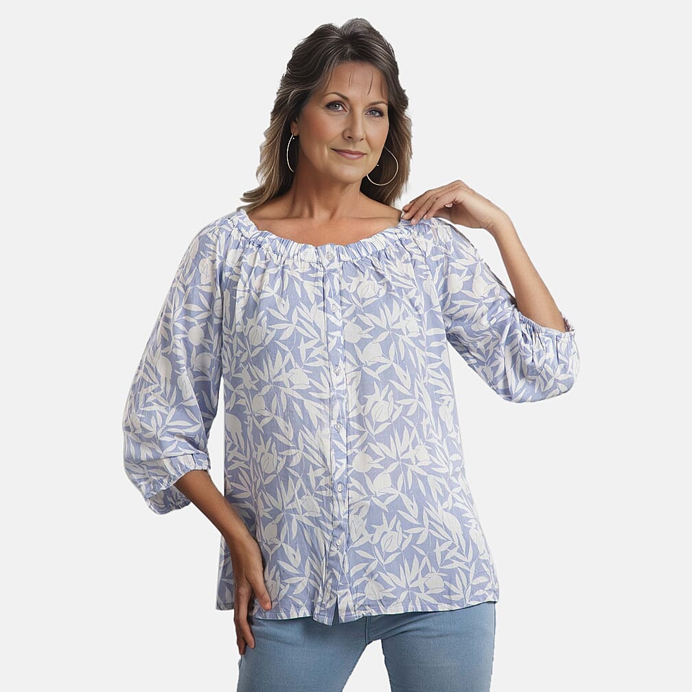 100% Viscose Leaf Pattern Off Shoulder Top (Size-14) - Light Blue