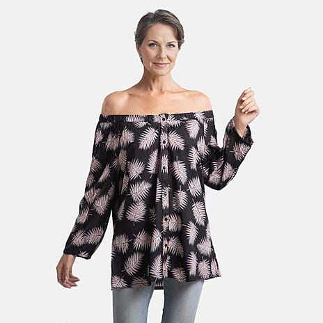 100% Viscose Leaf Pattern Off Shoulder Top (Size-16) - Black