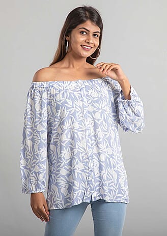 100% Viscose Leaf Pattern Off Shoulder Top (Size-20) - Light Blue