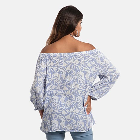 100% Viscose Leaf Pattern Off Shoulder Top (Size-20) - Light Blue