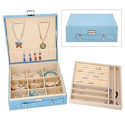 Two Tier Jewellery Box with Handle and Lock - Blue